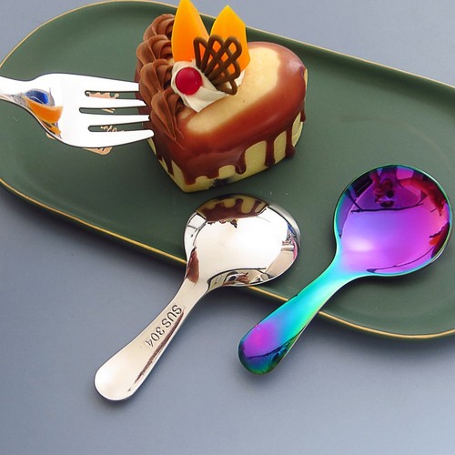 Stainless steel 304 tea spoon with high aesthetic snow cream dessert spoon fruit noodle fork cute baby short handle round head spoon