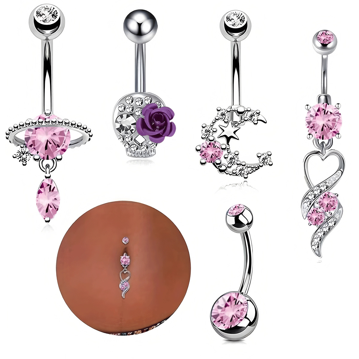 Belly Button Ring Pink Butterfly Zircon Stainless Steel 5-piece_voghion.com