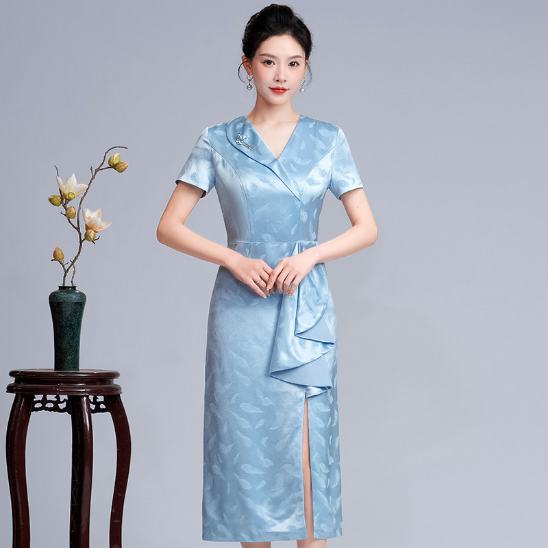 Acetate Satin Cheongsam Dress Noble Short dress Young Mother-in-law Wedding Banquet Mother's Slimming Evening Dress