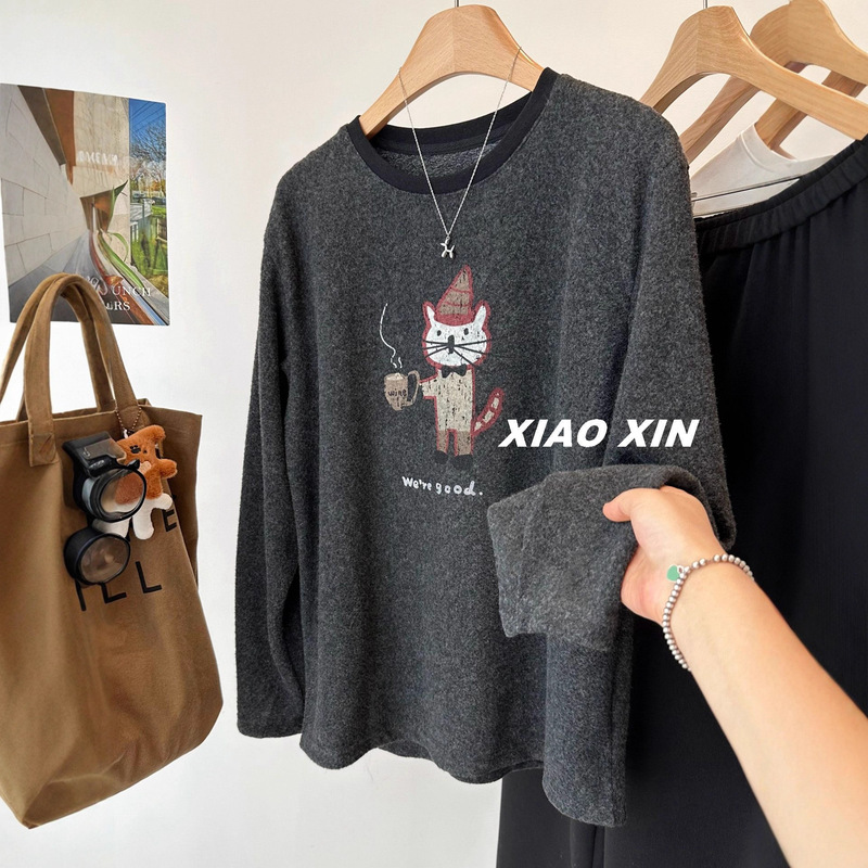 (Original Fabric) Large Size 150kg Cute Cartoon Printed Brushed Long-Sleeved T-Shirt Women's Winter Loose Casual Top