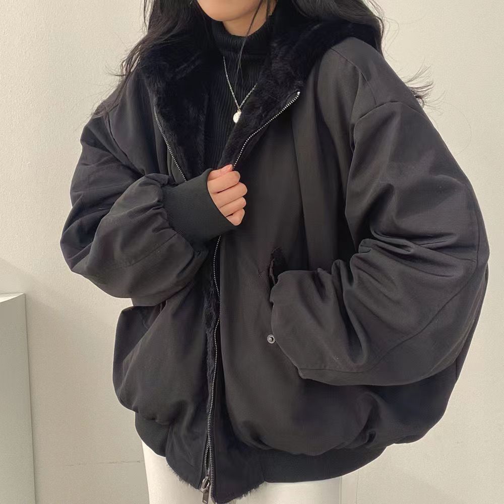 加绒加厚两面穿羊羔毛棉服女装外套秋冬新款拉链连帽棉衣上衣保暖