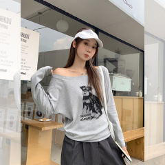 美式辣妹风小狗字母印花斜肩长袖t恤女秋季慵懒宽松绝美漂亮上衣