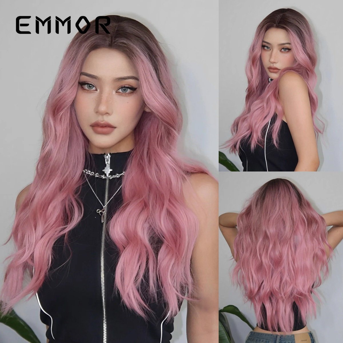 Nueva peluca de estilo europeo y americano transfronterizo, temperamento femenino, diosa, degradado, rollo largo marrón, stock de fábrica, cubierta completa