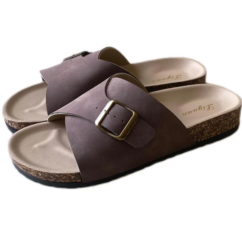 Kork-strandschlappen Für Damen Flache Sandalen Mit Knopf-detail_voghion.com