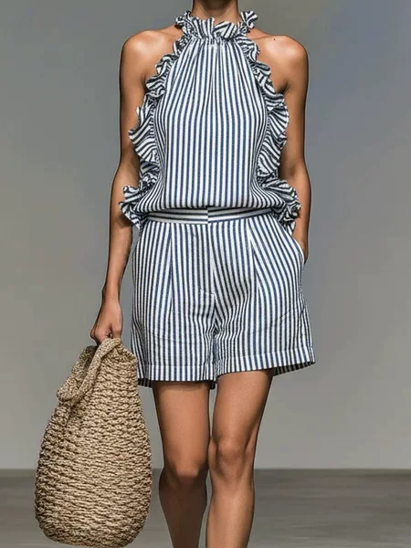2026 Cross-Border Amazon Hot-Selling European and American Fashion Casual Sleeveless Striped Lace T-Shirt Top and Shorts Set