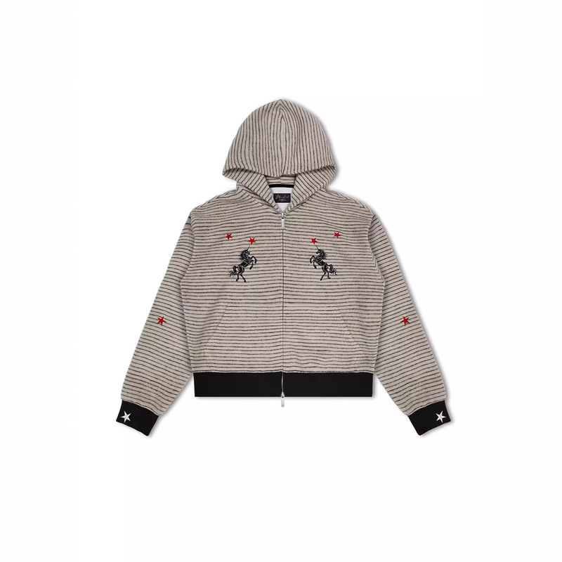 American high street style red star unicorn embroidered zip-up hoodie for women, early spring vintage striped casual short loose jacket American high street style red star unicorn embroidered zip-up hoodie for women, early spring vintage striped casual short loose jacket