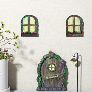 Cross-border resin luminous door and window pendant suit outdoor garden fairy elf door tree hanging micro landscape wall hanging decoration