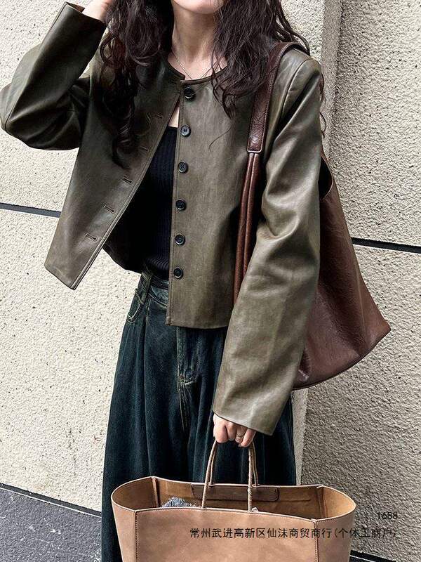 Women's short leather jacket 2026 spring/autumn new Korean style versatile slim-fit single-breasted PU biker leather jacket trendy