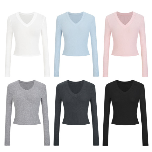 Moses Queen V-neck long-sleeve women's spring short-sleeve pure color base shirt top 62808