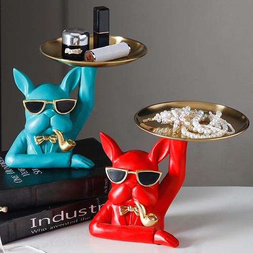 Nordic Style French Bulldog Double Trays Decorative Home Living Room Entrance Key Storage Resin Craft