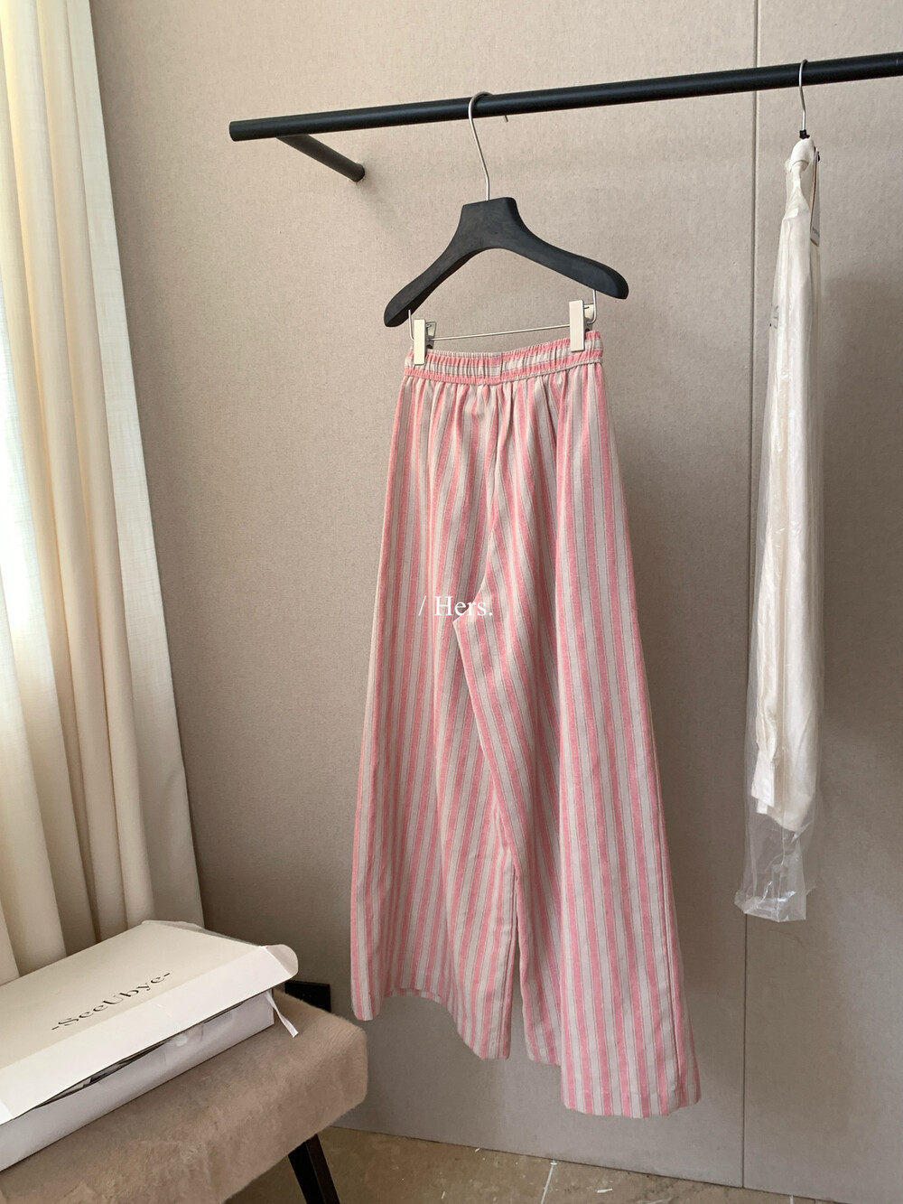 Quần culottes nữ ống rộng cạp cao sọc kẻ dáng dài suông rộng phong cách thư giãn — màu hồng chi tiết 9