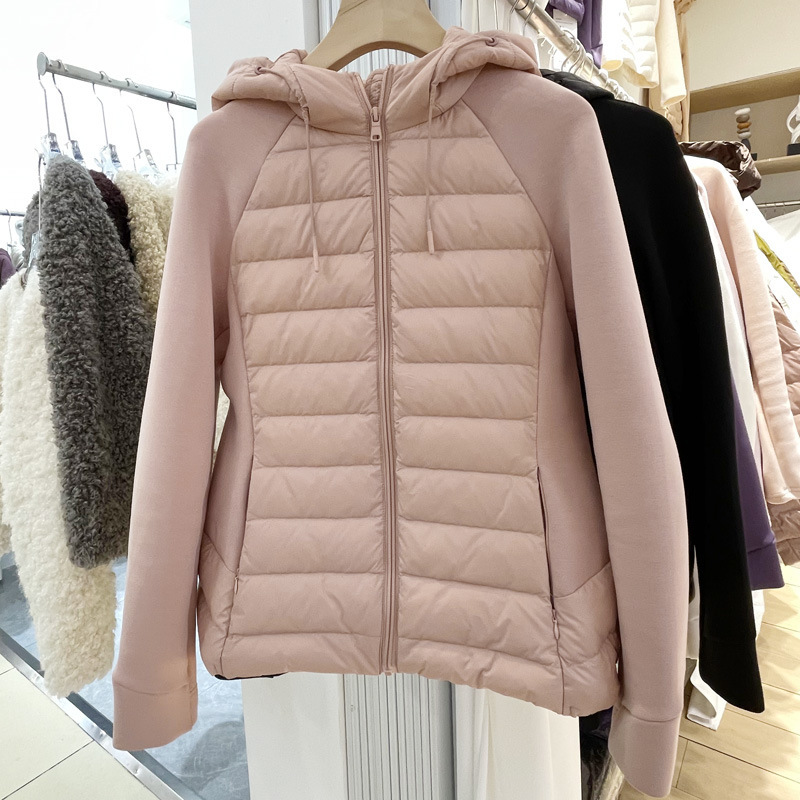 White Duck down Hooded Lightweight down Jacket for Women with Elastic Spliced Sleeves, Autumn and Winter 2024 New Slim-Fit Outdoor Trendy Coat