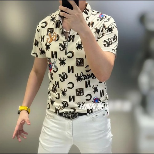 Men's Summer Thin Collared Embossed Polo Shirt Short Sleeve Fashion Streetwear Same Style Stylish Upper Body Shirt