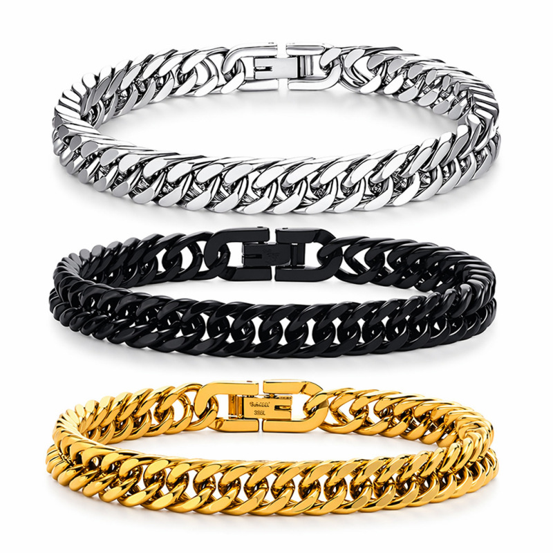 Cross-border Stainless Steel Four-sided Grinding Double-woven Bracelet Hip-hop Cold Style Men's and Women's Simple Cuban Bracelet Jewelry Buckle Bracelet
