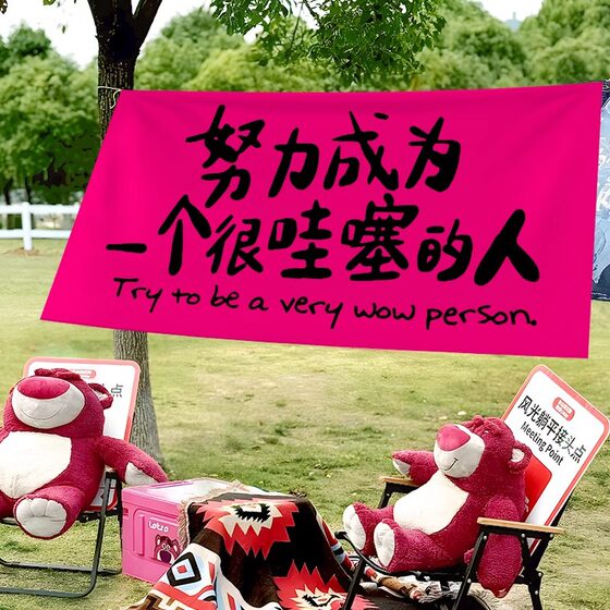 Outdoor camping hanging cloth pink net red photo area atmosphere decorative cloth layout camping group building banner background cloth