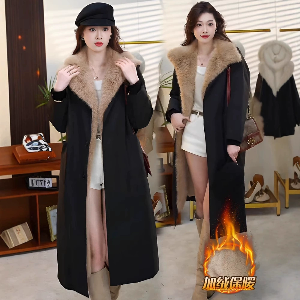 2025秋冬季新款翻领毛毛外套加绒加厚保暖复古垂感单排扣派克服女