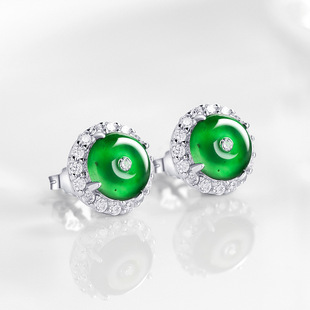 Natural A-Grade Jadeite Cabochon Bright Green Safety Buckle Earrings Ice Jade Fashion S925 Silver Inlaid Women's Earrings