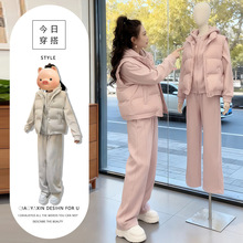 2025秋冬新款女生运动三件套时尚拉链连帽上衣保暖棉服马甲运动裤