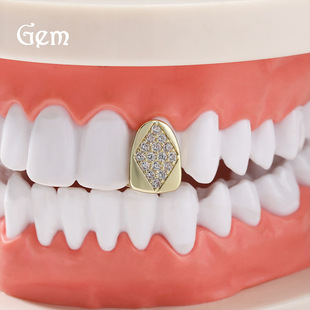 Hip hop diamond gold braces teeth grills European and American hipster single tooth real gold electroplating braces