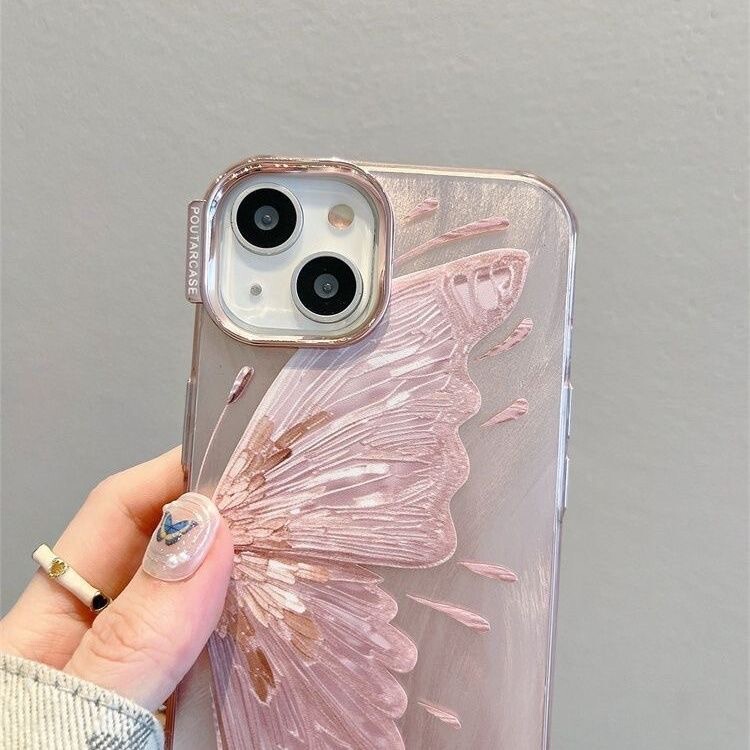 Pink plating for Apple 15 mobile phone case butterfly iPhone14 niche 13promax chain 12 hard shell female