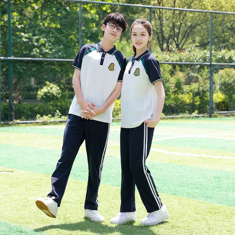 夏季中学生翻领短袖班服校服套装高中初中生运动会长裤棉宽松夏装
