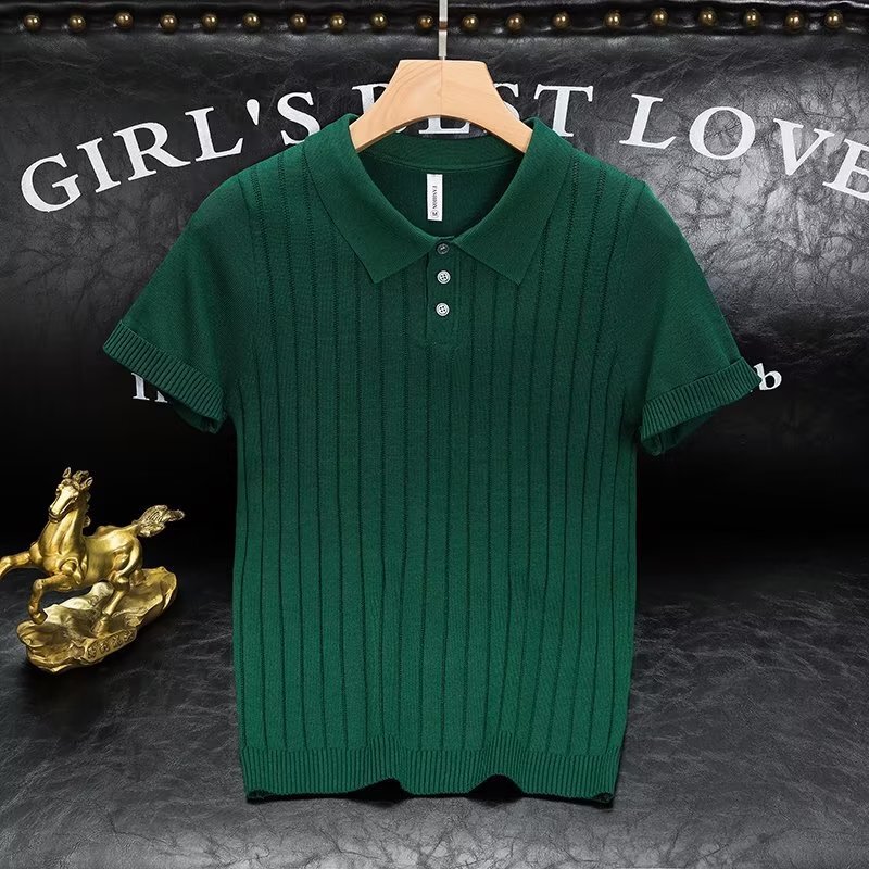 American retro lapel knitted short-sleeved T-shirt men's summer New Ice Silk thin solid color plus size bottoming shirt top American retro lapel knitted short-sleeved T-shirt men's summer New Ice Silk thin solid color plus size bottoming shirt top