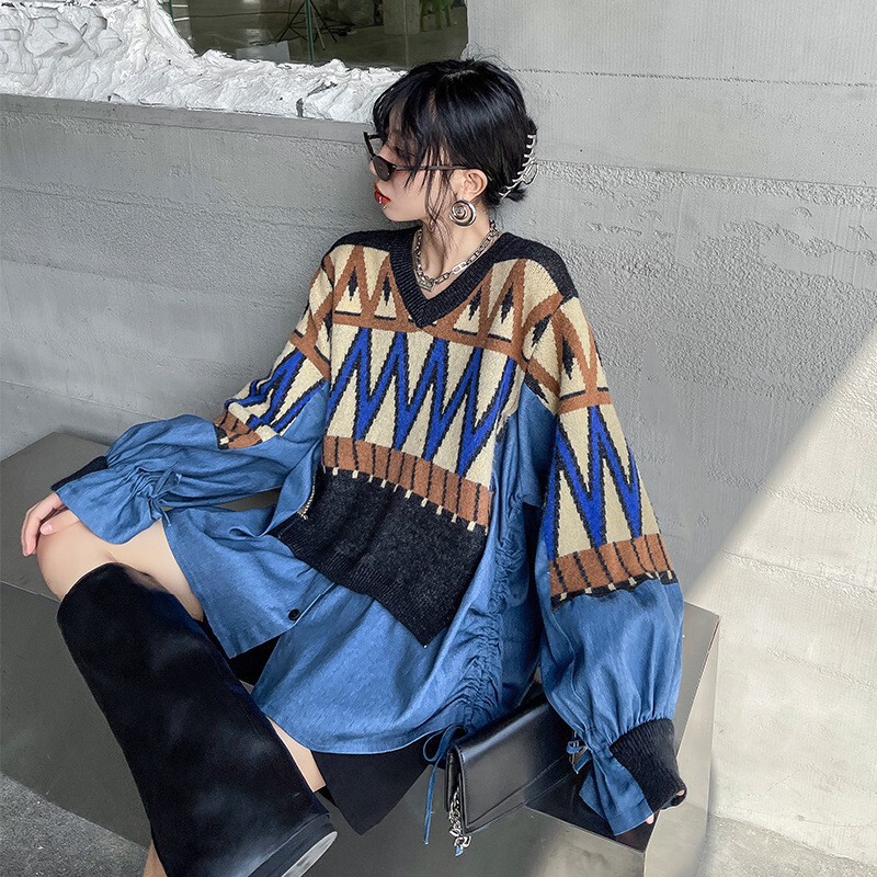 European style fake two-piece stitching Denim sweater Women's Spring and Autumn New loose outer wear V-neck knitted top