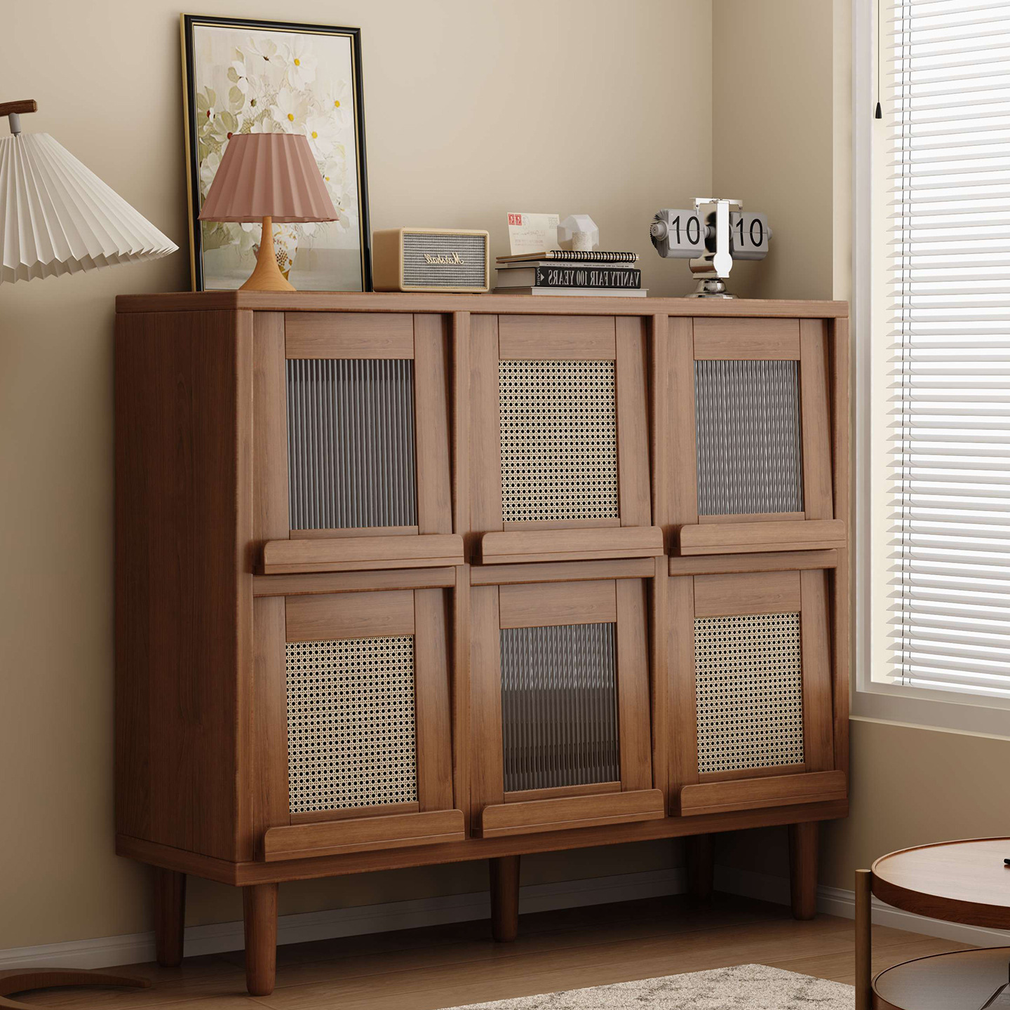 Sideboard Storage Cabinet Household Cabinet Solid Wood Living Room Tea Cabinet Storage Cabinet Walnut Color Grid Cabinet Sofa Side B&