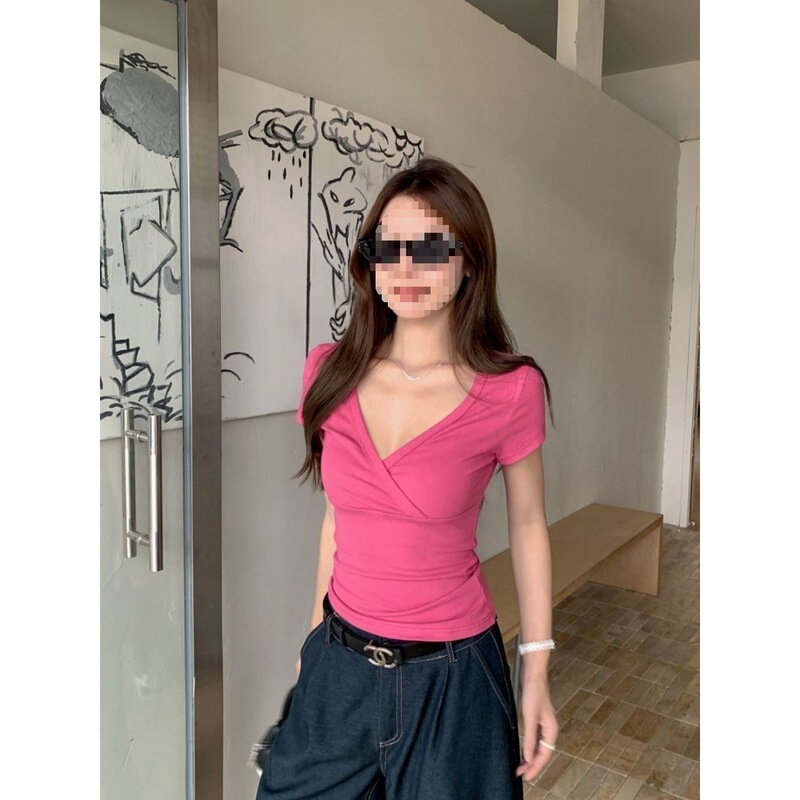 Xinwang [Official Image 40-Count Cotton Ribbed Fabric 210g 1*1 + Fully Stitched] Deep V-Neck Low-Cut Slim-Fit Short-Sleeve T-Shirt