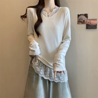 法式设计感小众蕾丝花边长袖T恤打底衫女装秋季修身德绒内搭上衣