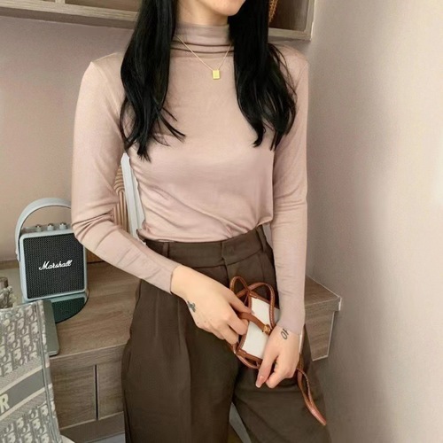 Autumn/Winter Modal Base Layer Shirt for Women, Semi-High Collar Long-Sleeve Top, Fitted T-Shirt, Nine Color Face Mask Top