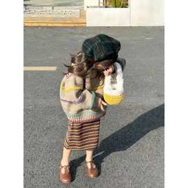 女童韩系复古彩色拼接条纹粗棒针织衫套装毛衣儿童条纹针织半身裙