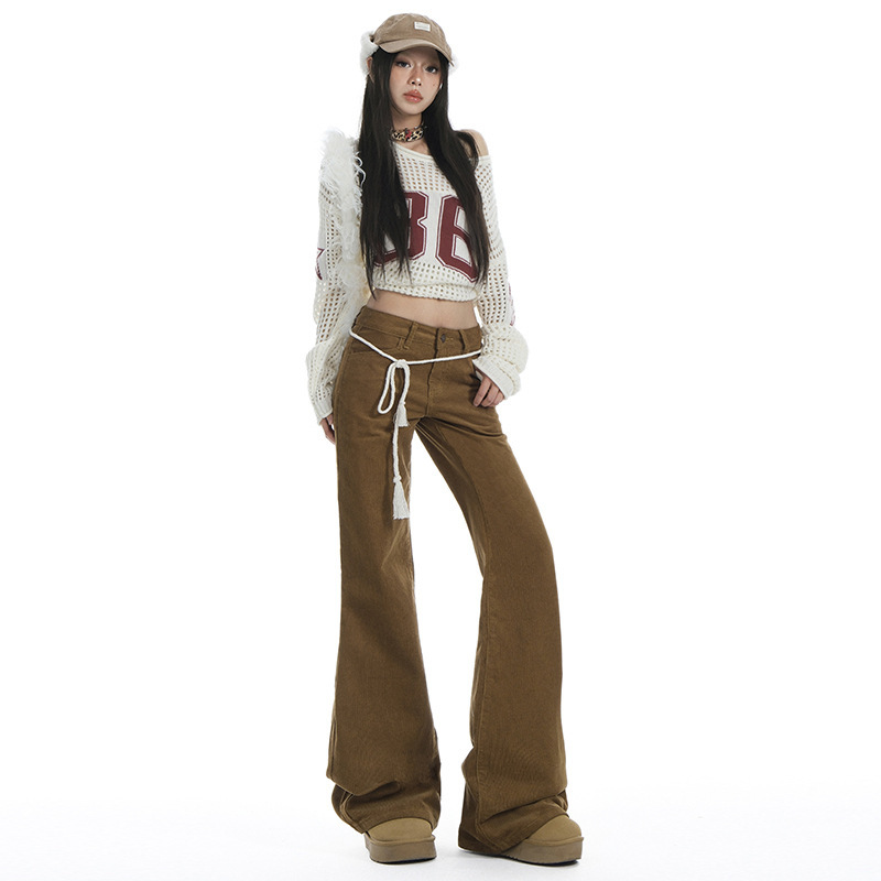 25th ootd! American Retro | Corduroy Micro-pants Women's Spring New Low Waist Slim Flared Pants Jeans