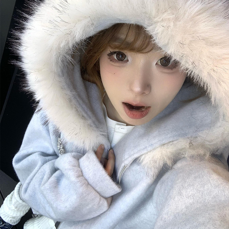 美式复古高街毛领连帽开衫卫衣外套女春秋2025oversize韩系慵懒风|undefined