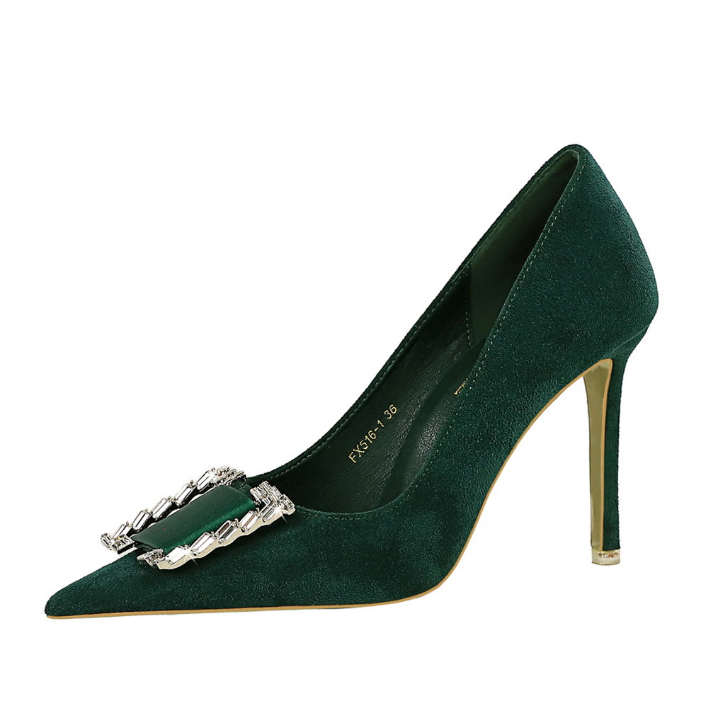 516-K73 European And American Spring/Autumn Party High Heels, Thin Heel, Suede, Shallow Mouth, Pointed Toe, Metal_vogvips.com