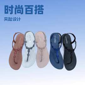 洛克熊水晶钻人字凉鞋女外穿沙滩鞋夹脚凉鞋女罗马女王水钻女鞋夏