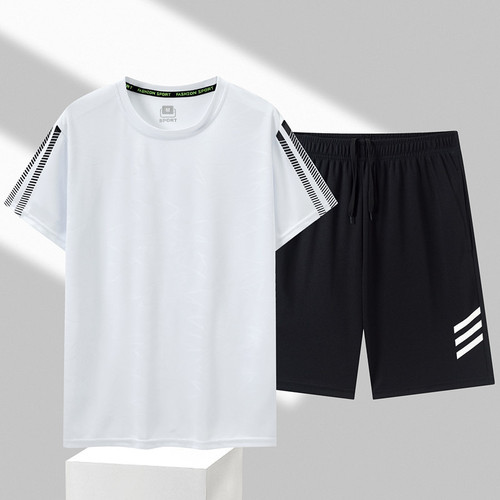 shopee运动套装男夏季薄款速干跑步服短袖T恤两件套休闲男装厂家
