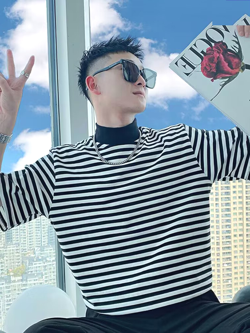 하프 터틀넥 스트라이프 짧은 t 화이트