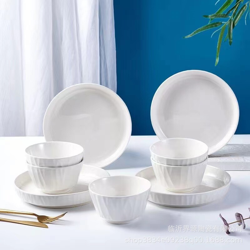Ceramic Pure White European Style Singular Line Bowl and Plate for Household Hotel Rice Bowl Small Soup Bowl Noodle Bowl Fruit Plate Dish Plate