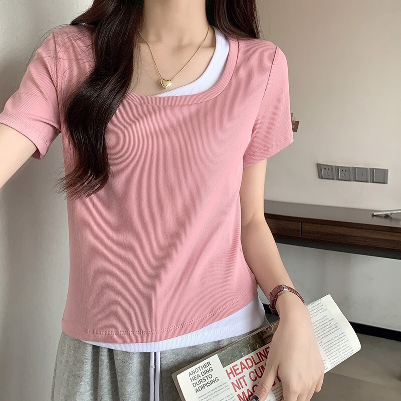 Slim-Fit Collarbone-Revealing Design, Faux Two-Piece T-Shirt for Women, Short-Sleeved, Summer 2026, Super Trendy, Unique Hot Girl Top, Yellow