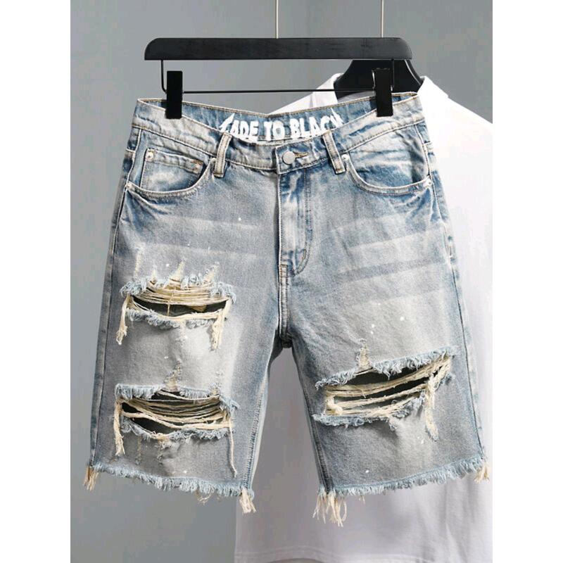 Summer Thin Light-Colored Denim Shorts for Men, Trendy Brand Distressed Ripped Shorts, Trendy Brand Frayed Beggar Mid-Length Shorts