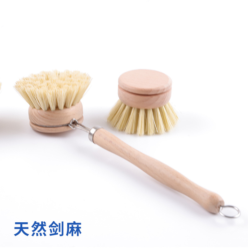 可拆卸替换剑麻清洁刷家用厨房木质长柄锅刷无漆榉木竹木圆头刷子
