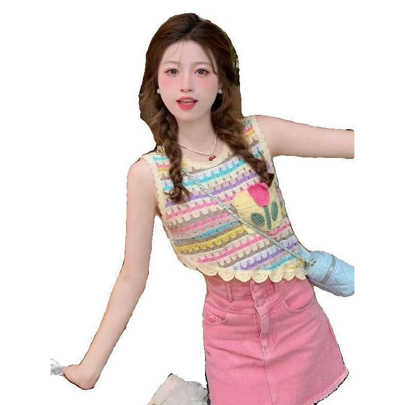 Летний допамин носит цветной полосатый камзол жилет женский дизайн чувство нишевые свободные без рукавов модные короткие топы