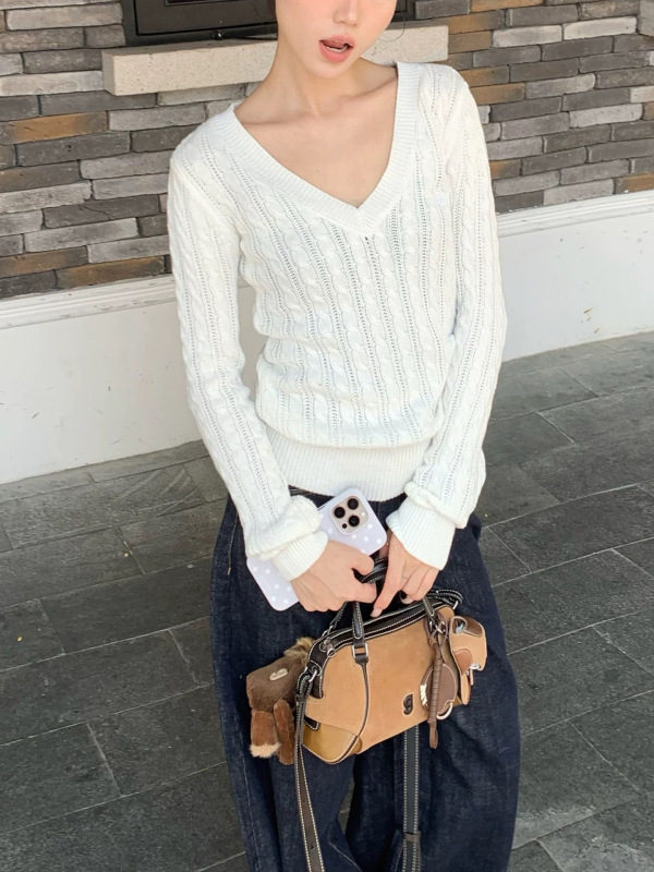 复古V领麻花条纹慵懒感毛衣女秋宽松情侣针织衣潮|undefined