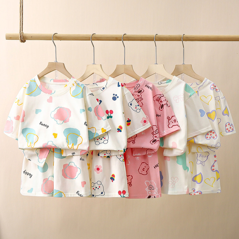 Lechangjia Pajamas 2025 Children's Short-Sleeve Five-Point Pants Homewear for Kids, Suitable for Young Children, Summer Wearable Outdoors, Cute