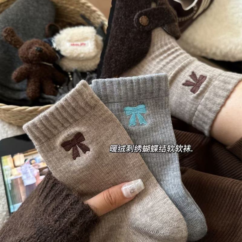 韩系ins蝴蝶结袜子女秋冬女袜暖绒复古中筒袜咖色系中筒堆堆袜子|undefined