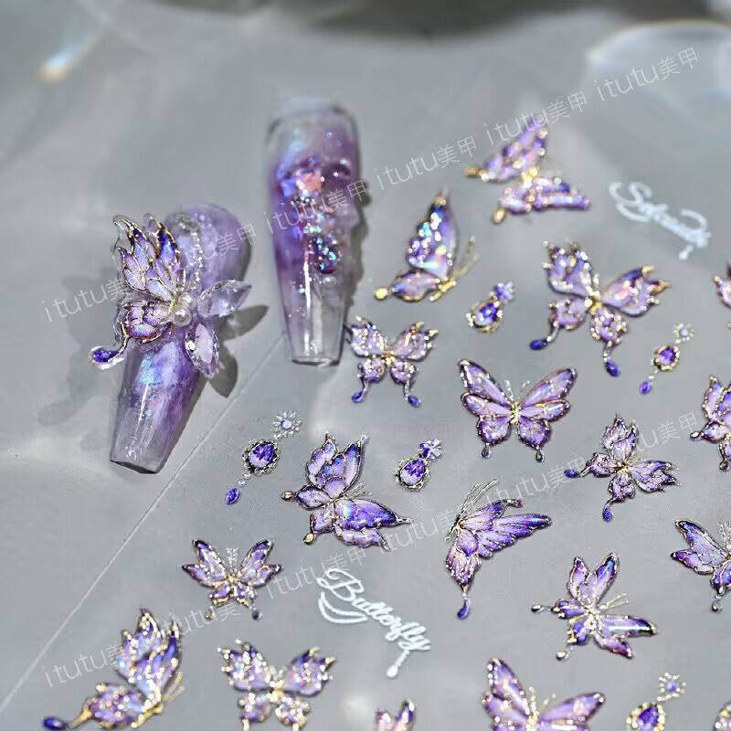 Nail Art Popular Embossed Stereo Gilt Starlight Amethyst Butterfly Dreamy Purple Pink Crystal Butterfly Nail Sticker Decoration