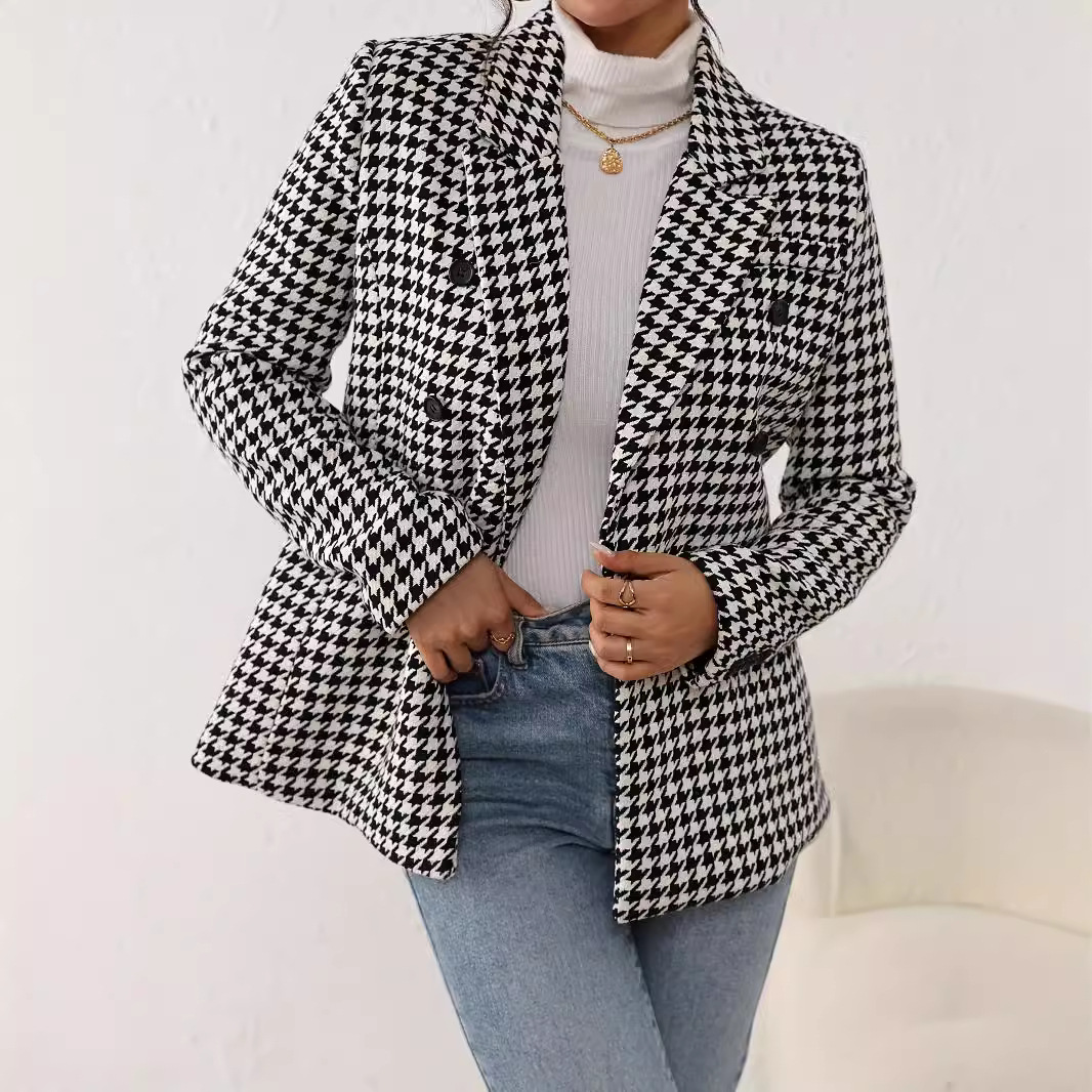 千鸟格毛呢西装外套女秋冬新款复古宽松中长款呢子大衣