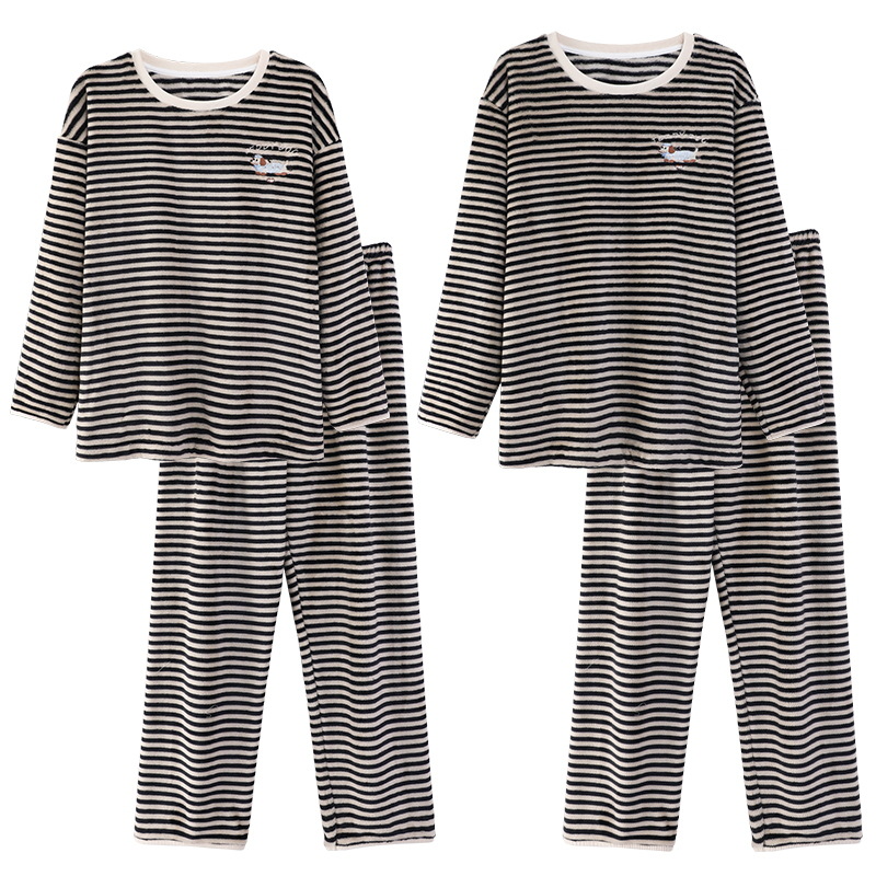 Pajamas de pareja otoño y invierno de terciopelo de coral cálido conjunto de mangas largas de franela casual se puede usar ropa de hogar a rayas