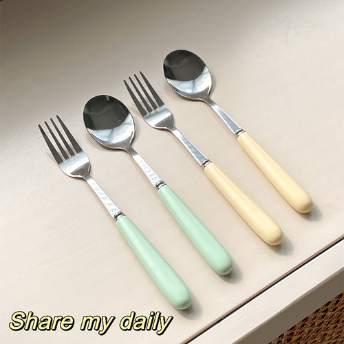 Korean-style Ins-inspired Cream Yellow Ceramic Handle Stainless Steel Fork and Spoon Set, Knife, Fork, Spoon, Dessert Spoon, Western Dining Tableware